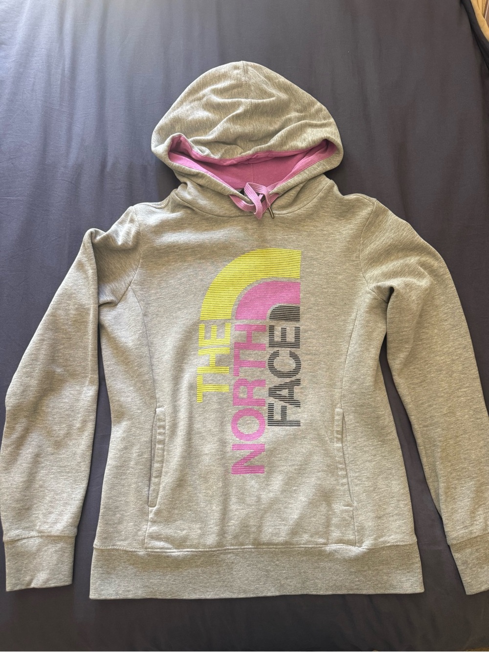 The North Face Gray Hoodie with Black, Pink & Yellow Logo